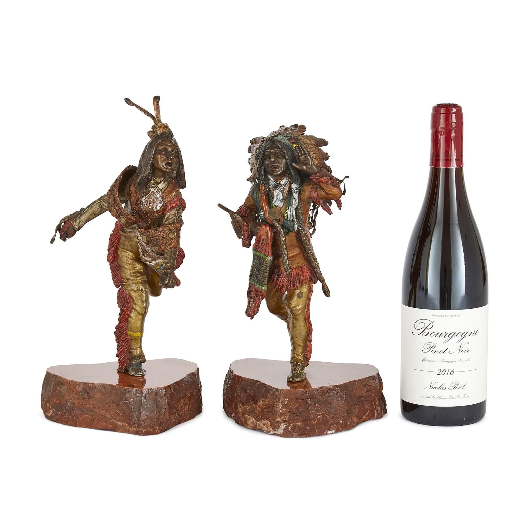 Pair of Patinated Bronze Native American Figures after Kauba  For Sale 3
