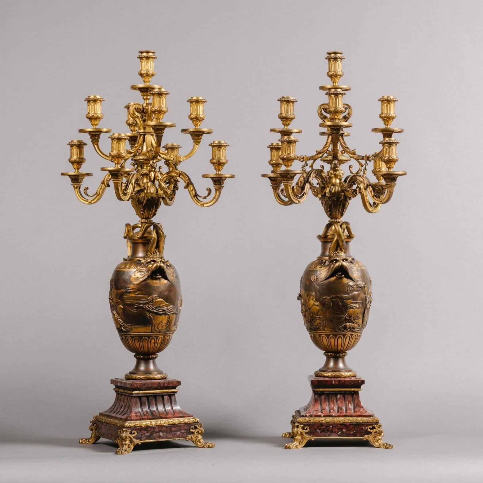 Neoclassical Revival Pair of Patinated Bronze Nine-Light Candelabra by Barbedienne For Sale