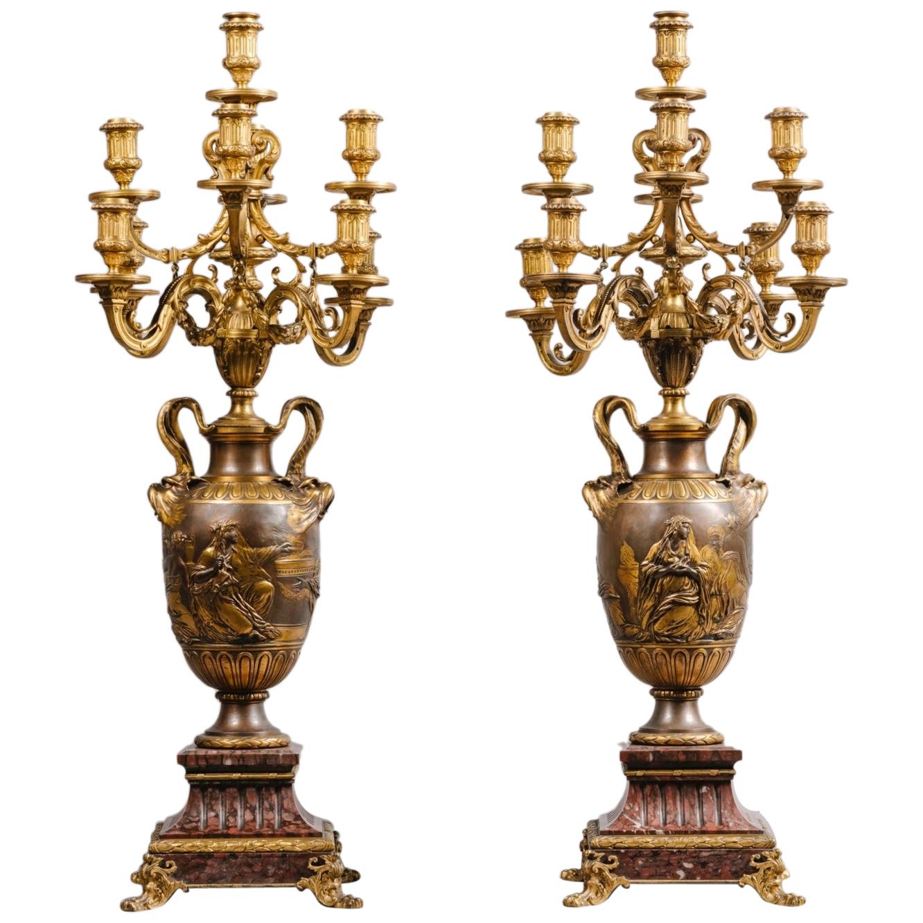 Pair of Patinated Bronze Nine-Light Candelabra by Barbedienne