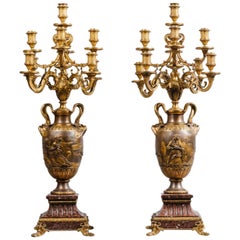 Antique Pair of Patinated Bronze Nine-Light Candelabra by Barbedienne