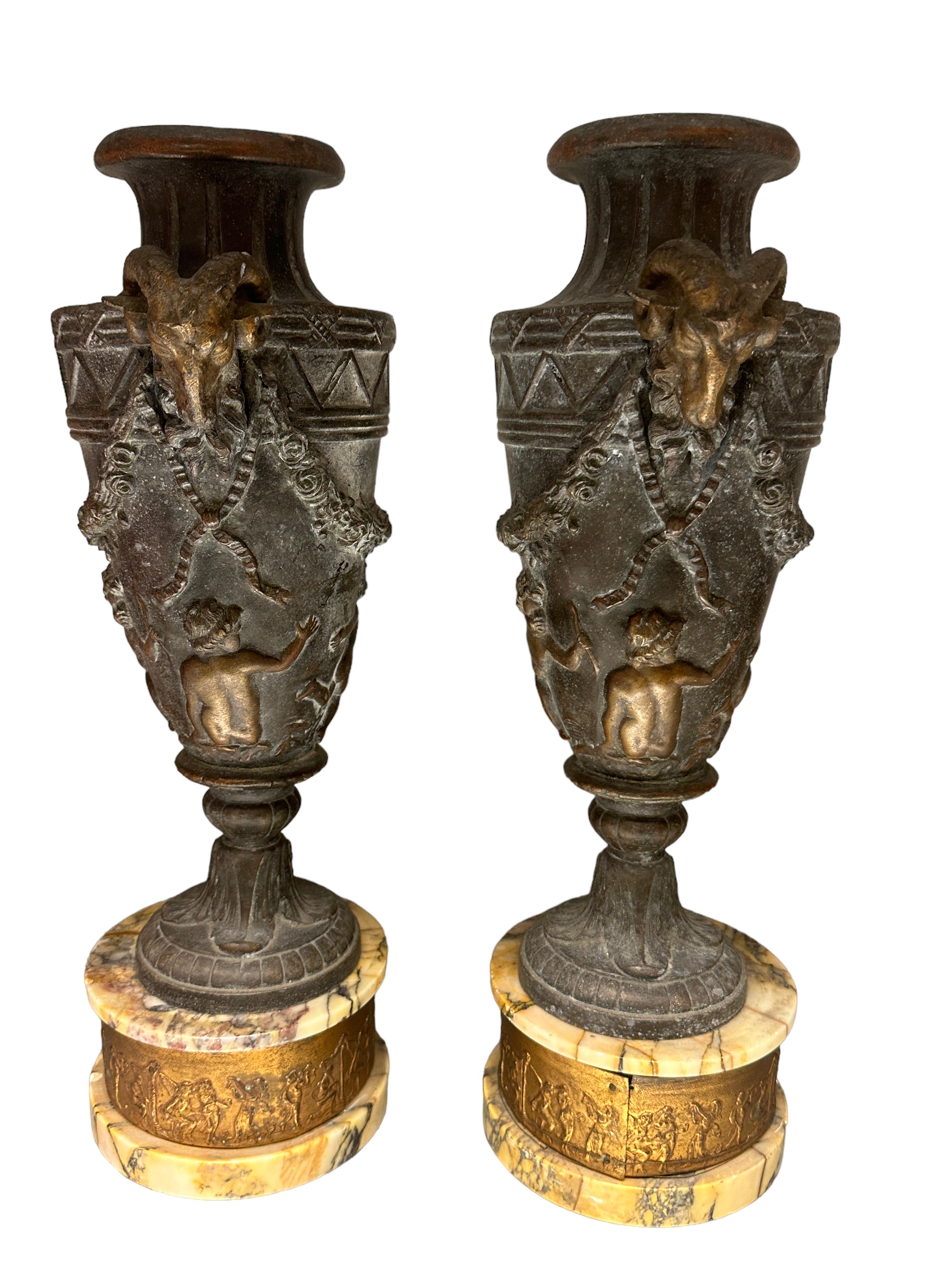 Hand-Crafted Pair of Patinated Bronze or Metal Bacchanalian Vases with Marble base For Sale