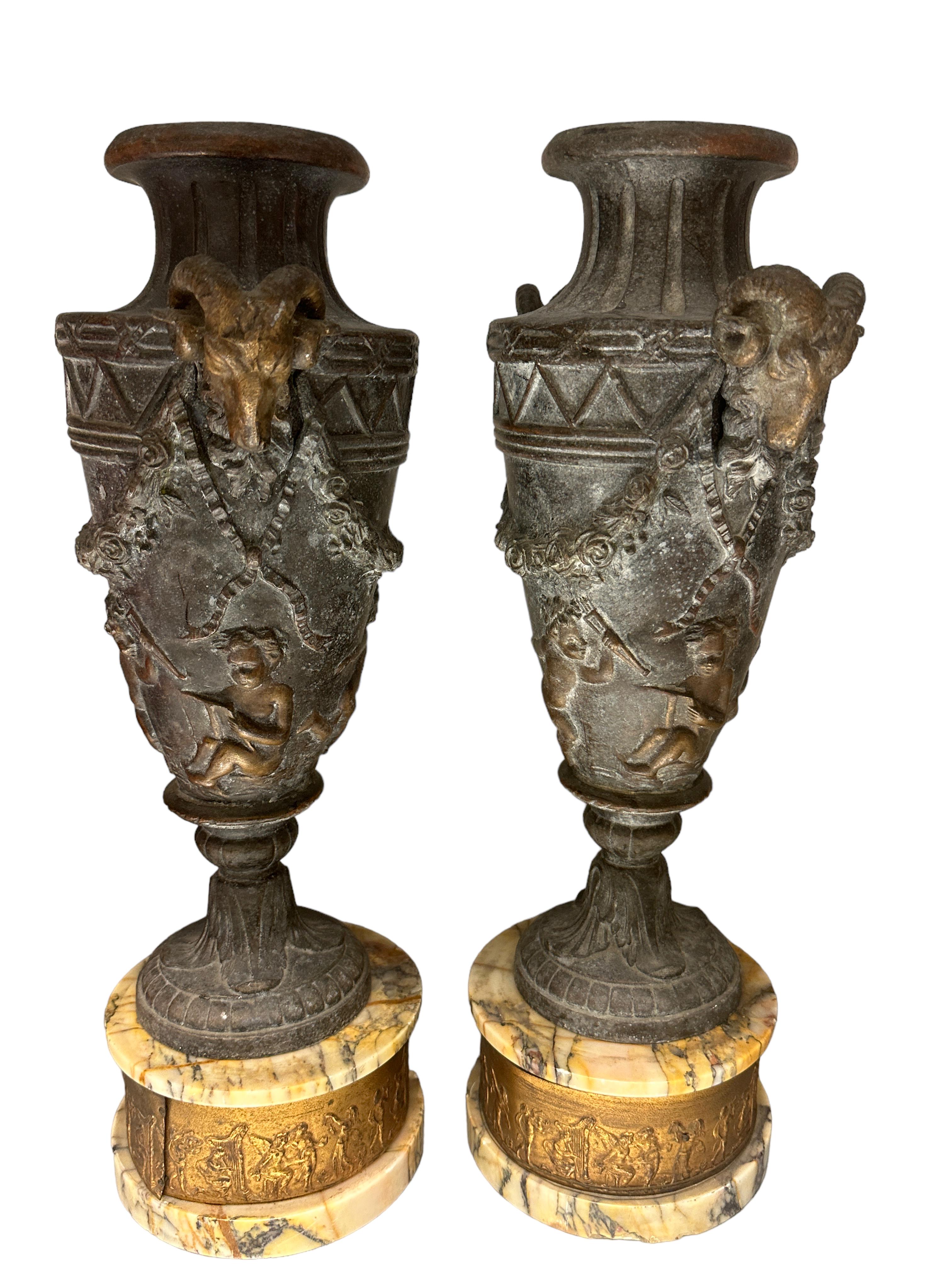 20th Century Pair of Patinated Bronze or Metal Bacchanalian Vases with Marble base For Sale