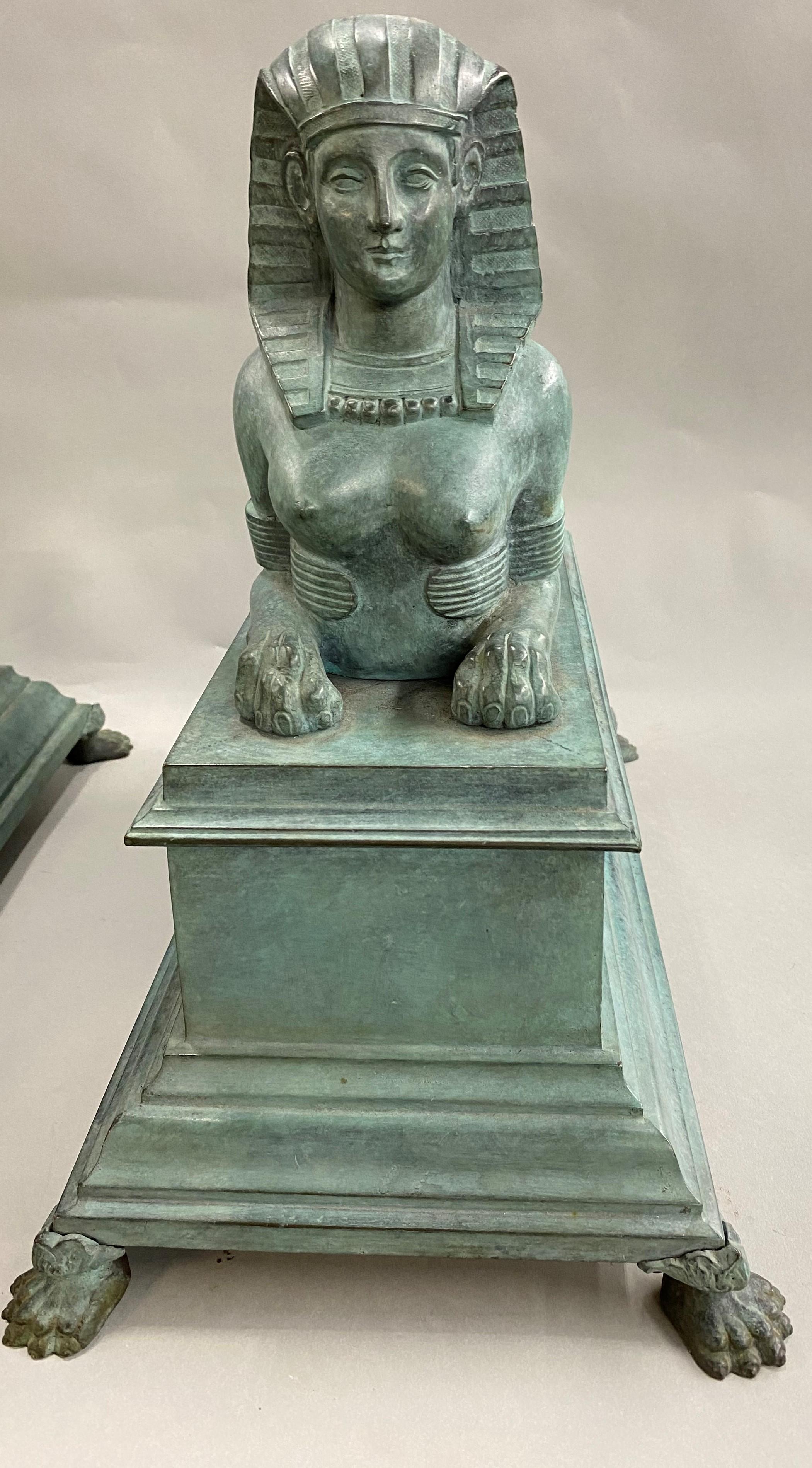 English Pair of Patinated Bronze Egyptian Revival Sphinx, circa 1900