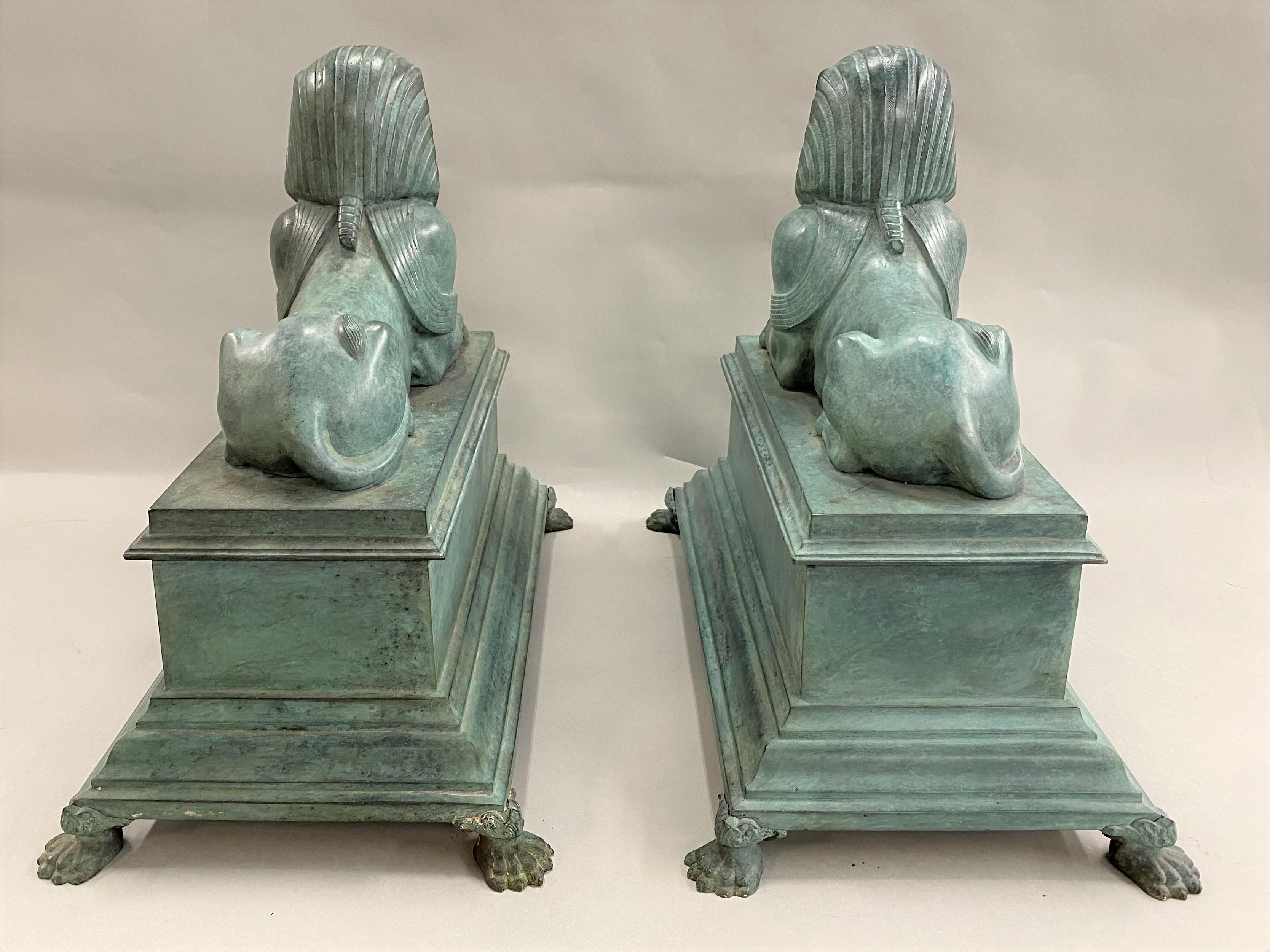 Early 20th Century Pair of Patinated Bronze Egyptian Revival Sphinx, circa 1900