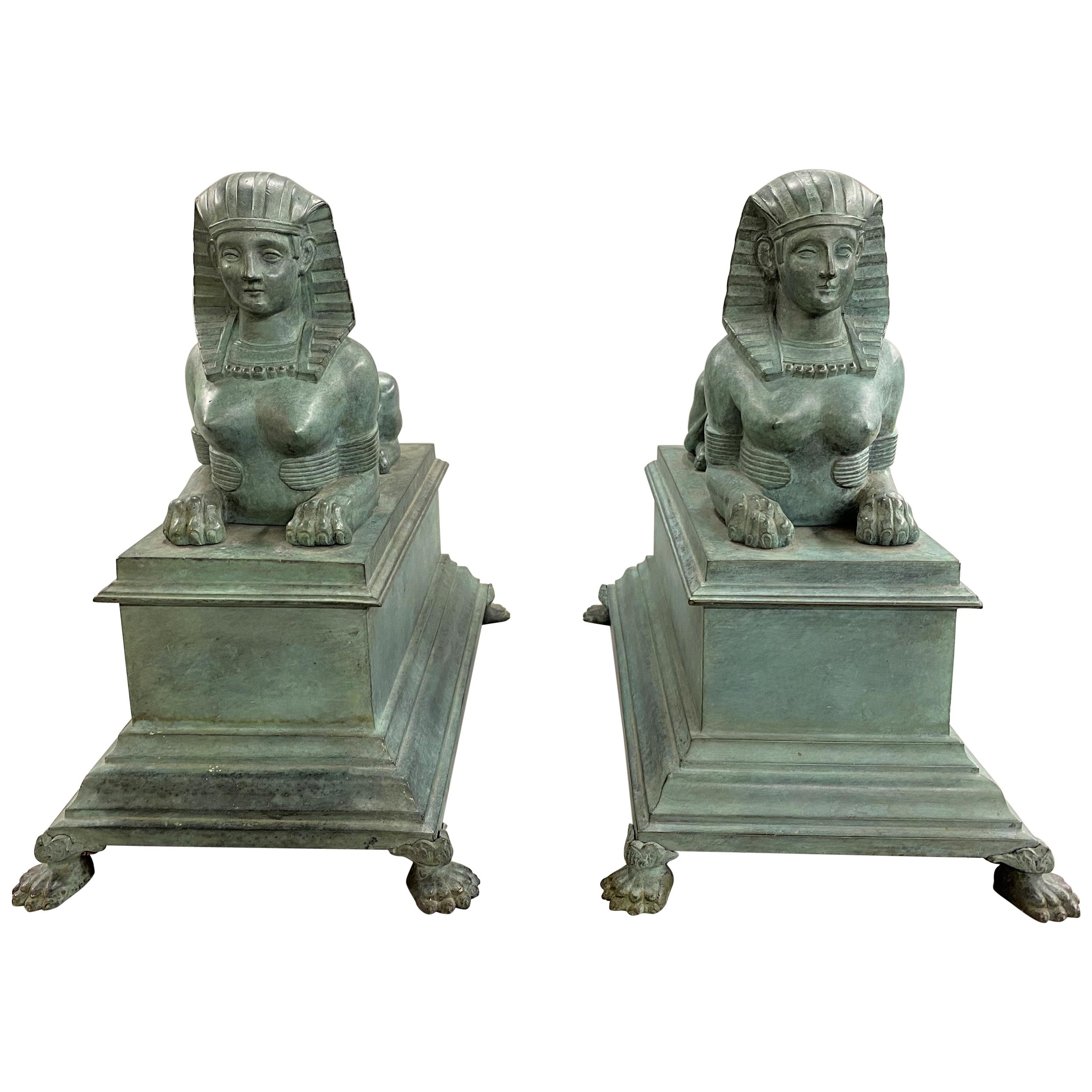 Pair of Patinated Bronze Egyptian Revival Sphinx, circa 1900