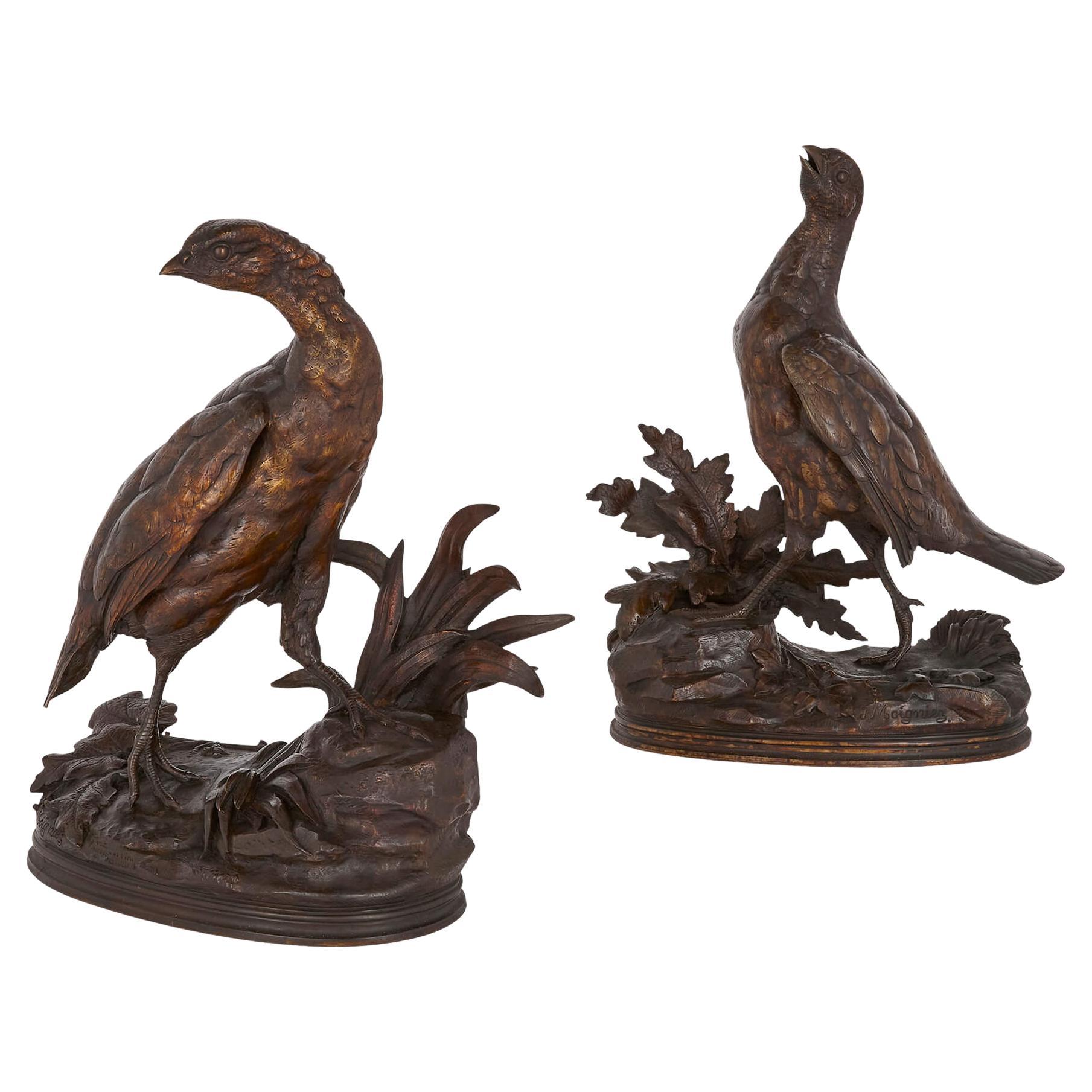 Pair of Patinated Bronze Partridge Sculptures by Jules Moigniez