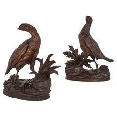 Pair of Patinated Bronze Partridge Sculptures by Jules Moigniez