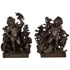Pair of Patinated Bronze Putto Groups by Lechesne