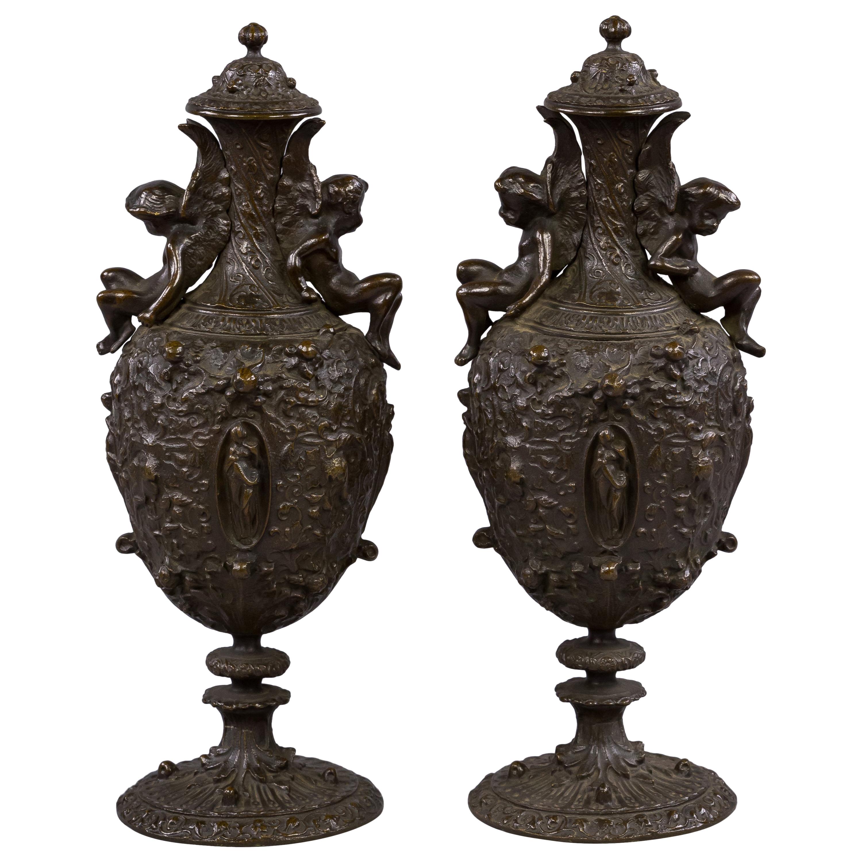 Pair of Patinated Bronze Renaissance Style Covered Urns, circa 1875 For Sale