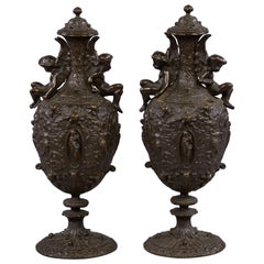 Antique Pair of Patinated Bronze Renaissance Style Covered Urns, circa 1875