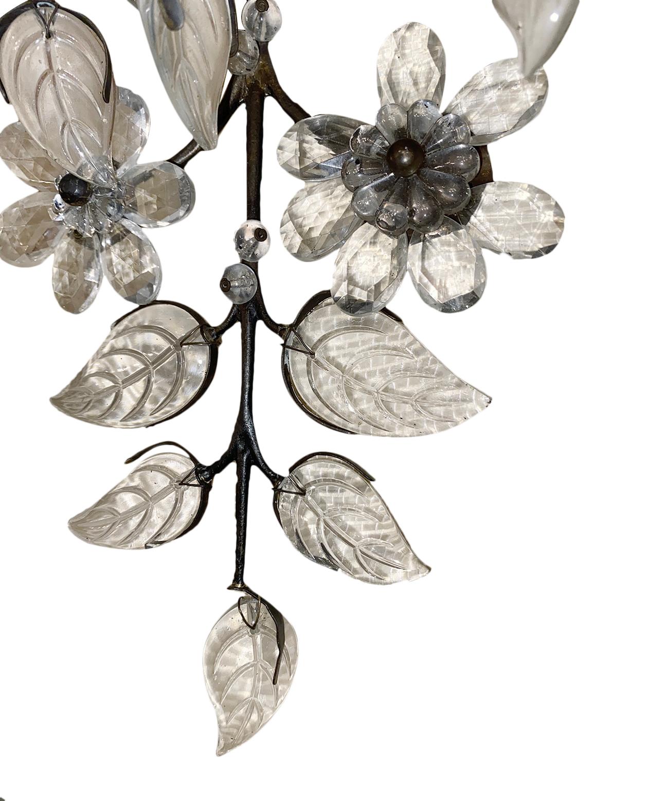 Molded Pair of Patinated Bronze Sconces with Glass Leaves and Flowers For Sale