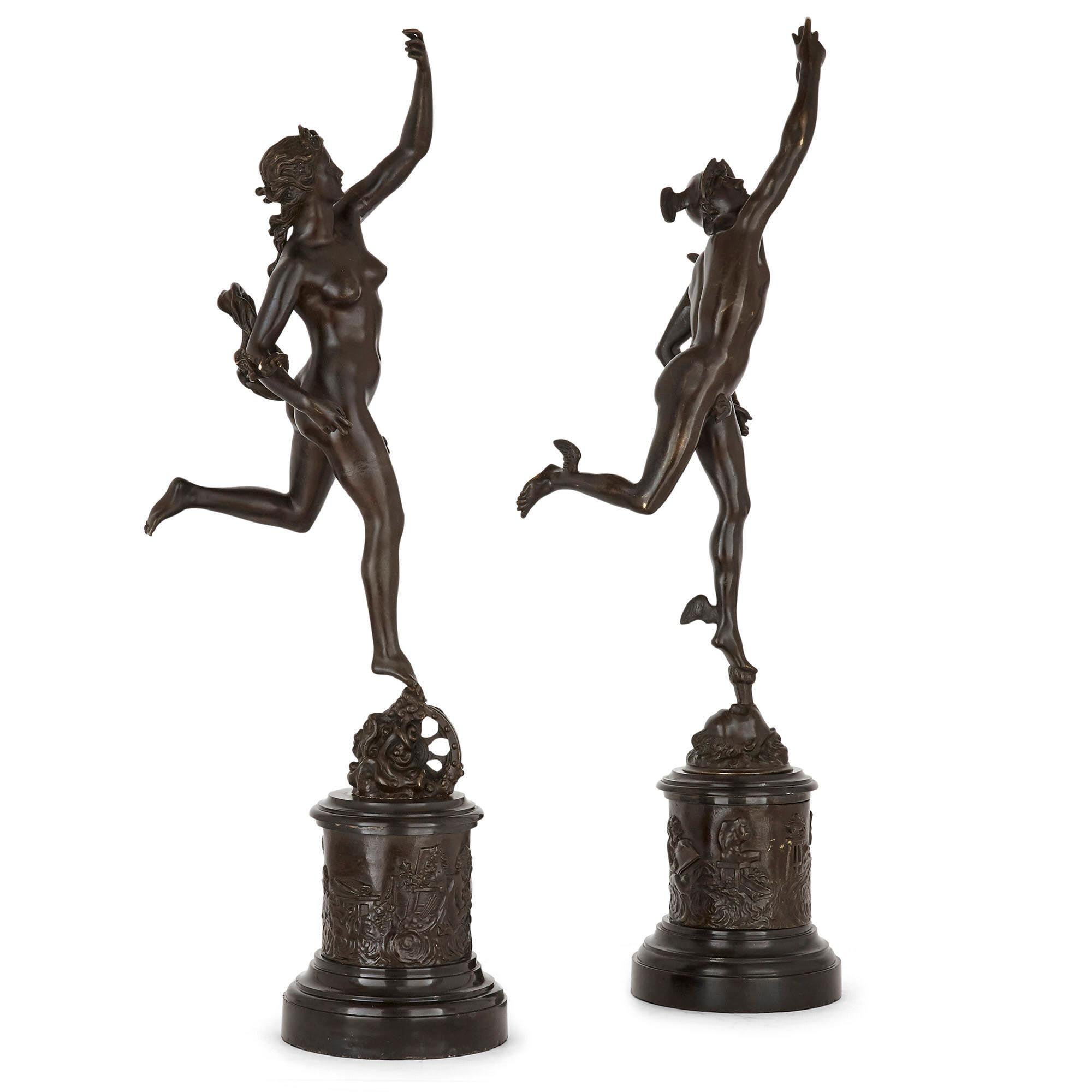 Pair of patinated bronze sculptures after Giambologna
French, late 19th century
Measures: Mercury height 86cm, width 19cm, depth 27cm
Fortuna height 83cm, width 18cm, depth 28cm

This pair of figures are based on sculptures by the Renaissance,