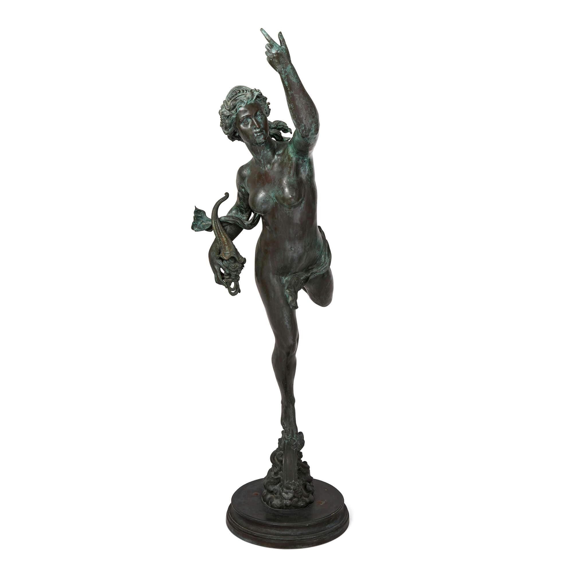 Coppia di sculture in bronzo patinato di Fortuna e Mercurio dopo Giambologna
Francese, fine del XIX secolo  
Mercurio: Altezza 190cm, larghezza 46cm, profondità 92cm 
Fortuna: Altezza 169cm, larghezza 49cm, profondità 108cm 

Questa straordinaria