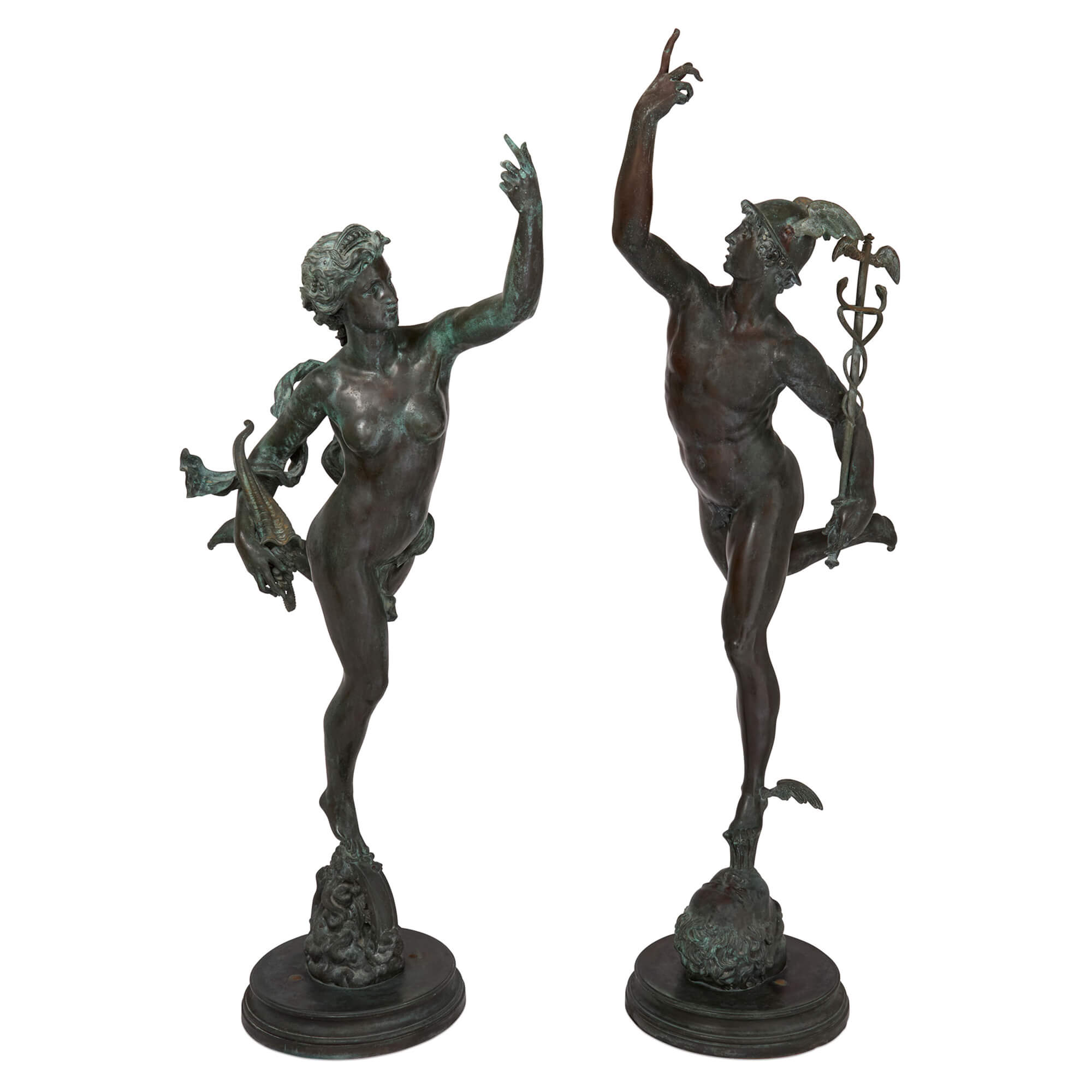 Pareja de esculturas de bronce patinado de Fortuna y Mercurio según Giambologna
