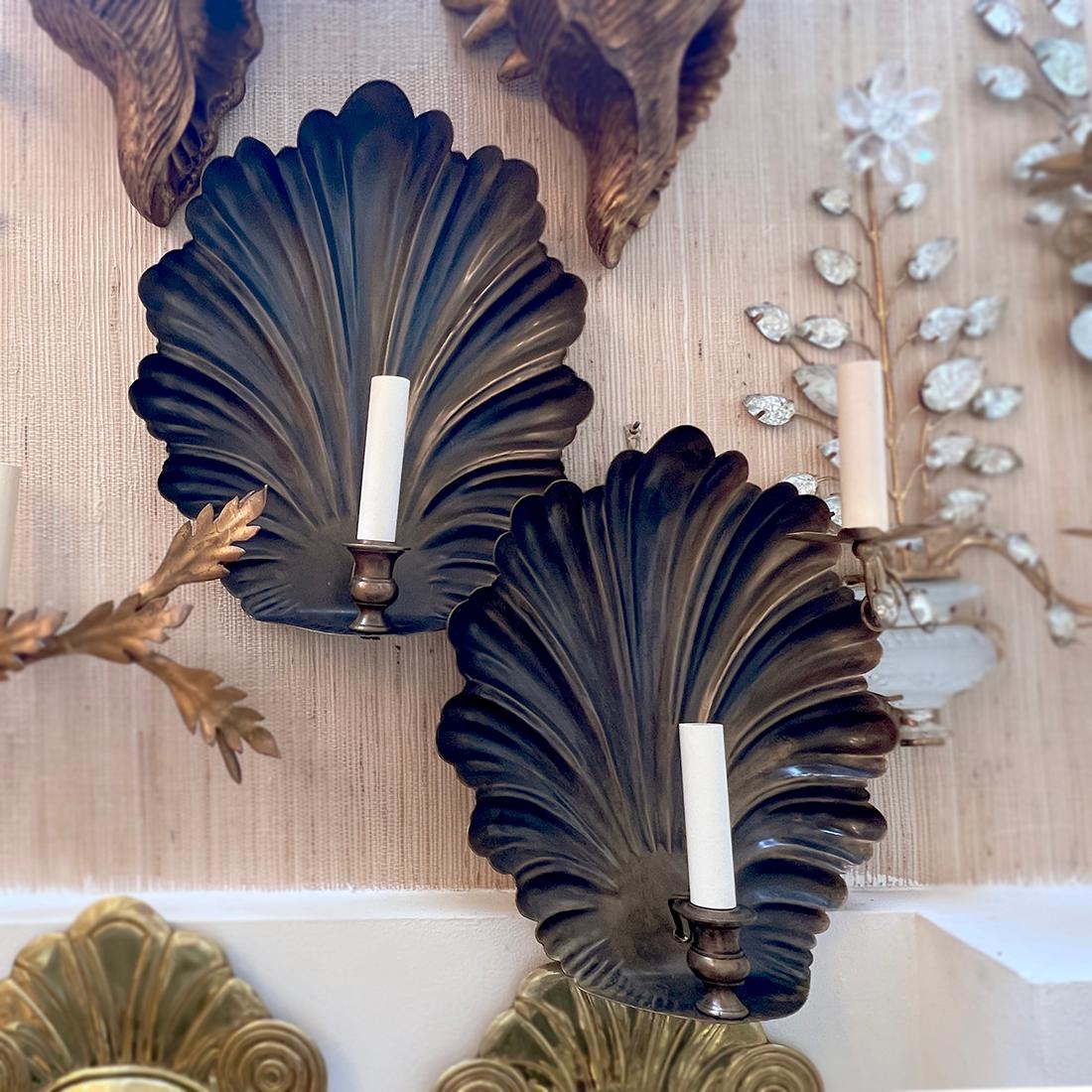 English Pair of Patinated Bronze Shell Sconces For Sale