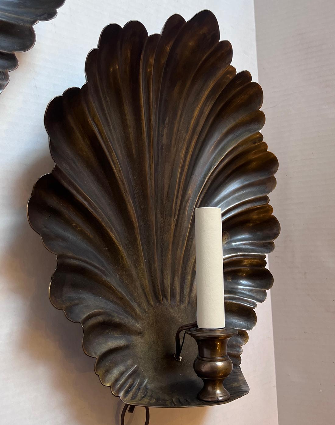 Pair of Patinated Bronze Shell Sconces For Sale 1