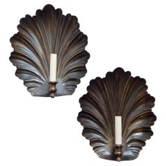 Pair of Patinated Bronze Shell Sconces