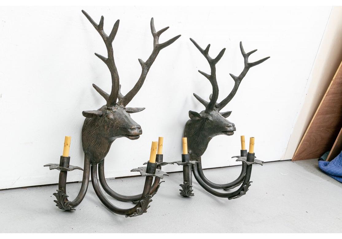 Large scale stag heads sporting ten point antlers and three scrolled lights, each with acanthus leaves and leafy bobeches. 
Measures: H. 32