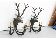 Pair of Patinated Bronze Stag Head Sconces in Black Forest Style
