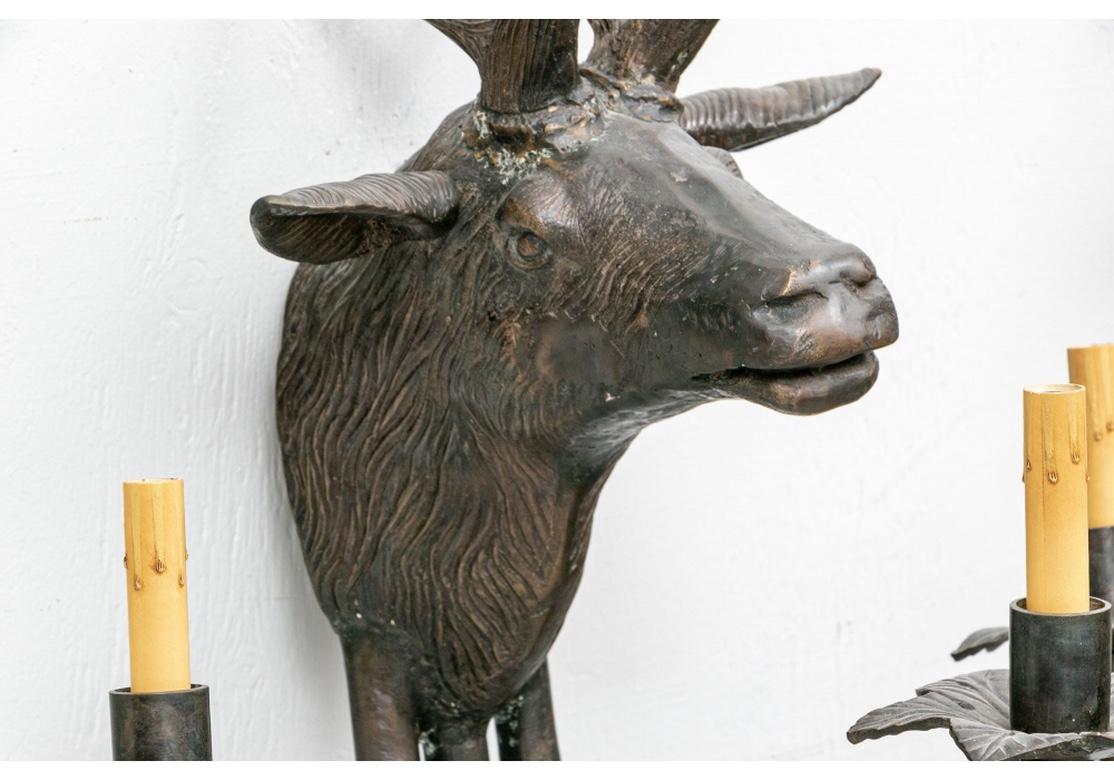 Pair of Patinated Bronze Stag Head Sconces in Black Forest Style In Good Condition In Bridgeport, CT
