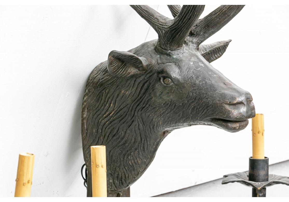 20th Century Pair of Patinated Bronze Stag Head Sconces in Black Forest Style