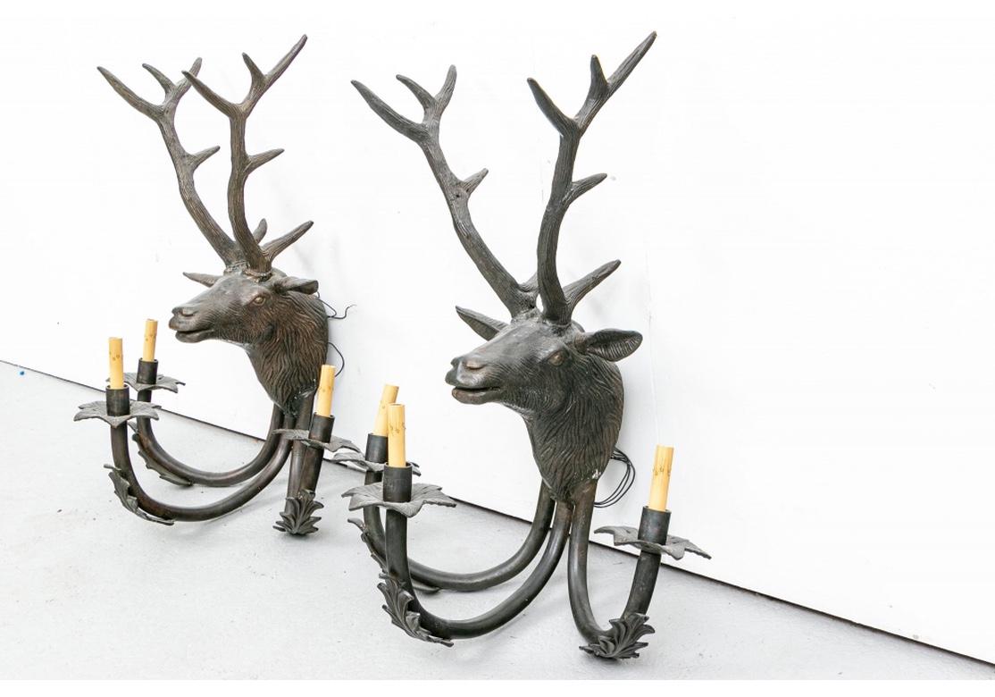 Pair of Patinated Bronze Stag Head Sconces in Black Forest Style 3