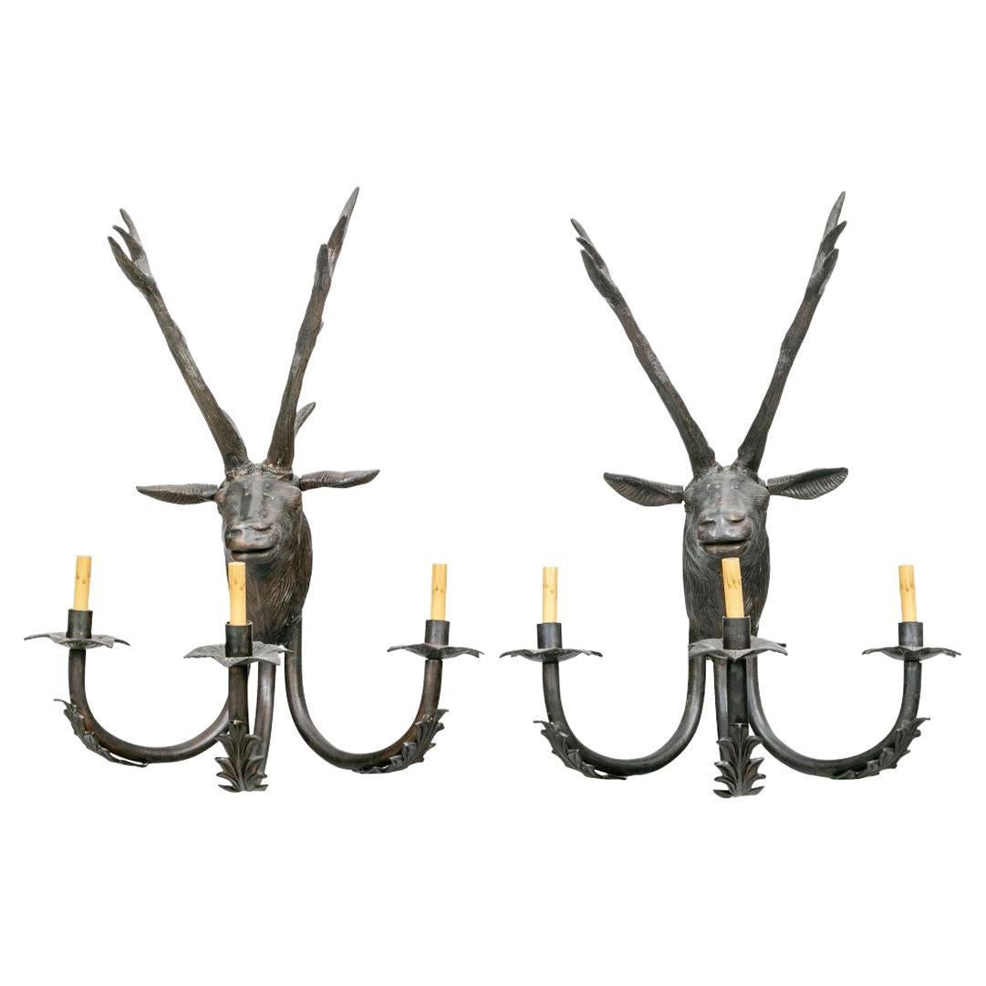 Pair of Patinated Bronze Stag Head Sconces in Black Forest Style