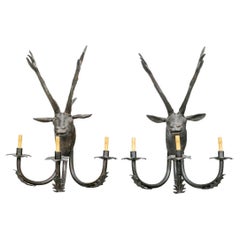Pair of Patinated Bronze Stag Head Sconces in Black Forest Style