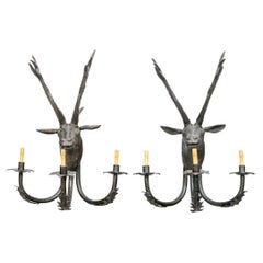 Vintage Pair of Patinated Bronze Stag Head Sconces in Black Forest Style