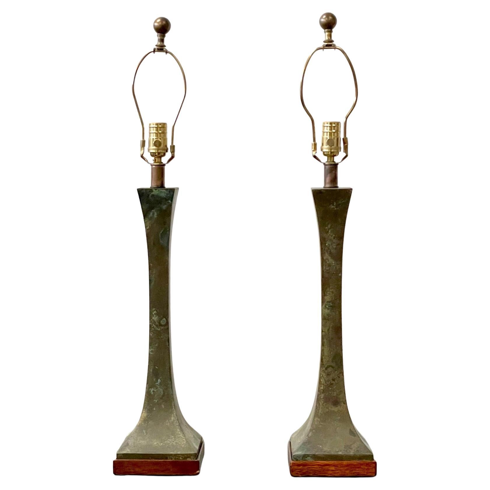 Pair of Patinated Bronze Table Lamps, Stewart Ross James, Hansen Lighting Co For Sale