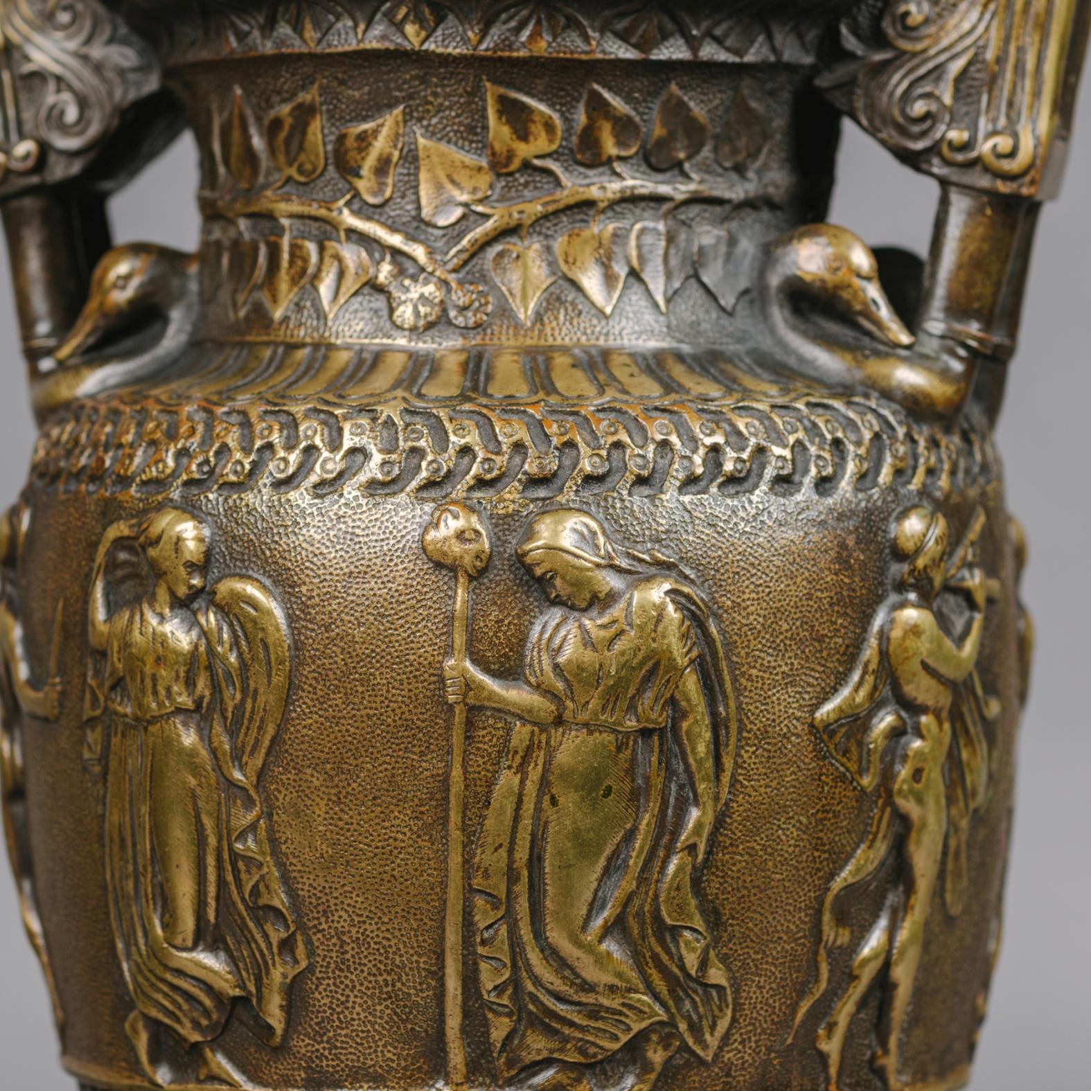 Neoclassical Pair of Patinated Bronze Vases For Sale