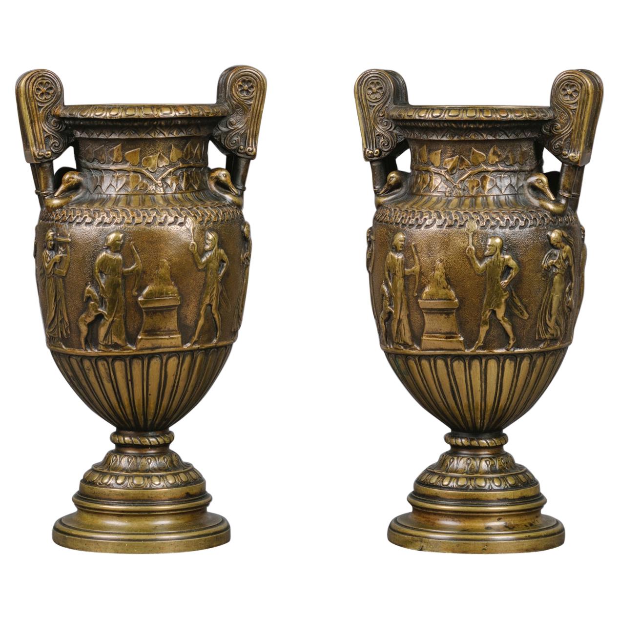 Pair of Patinated Bronze Vases For Sale