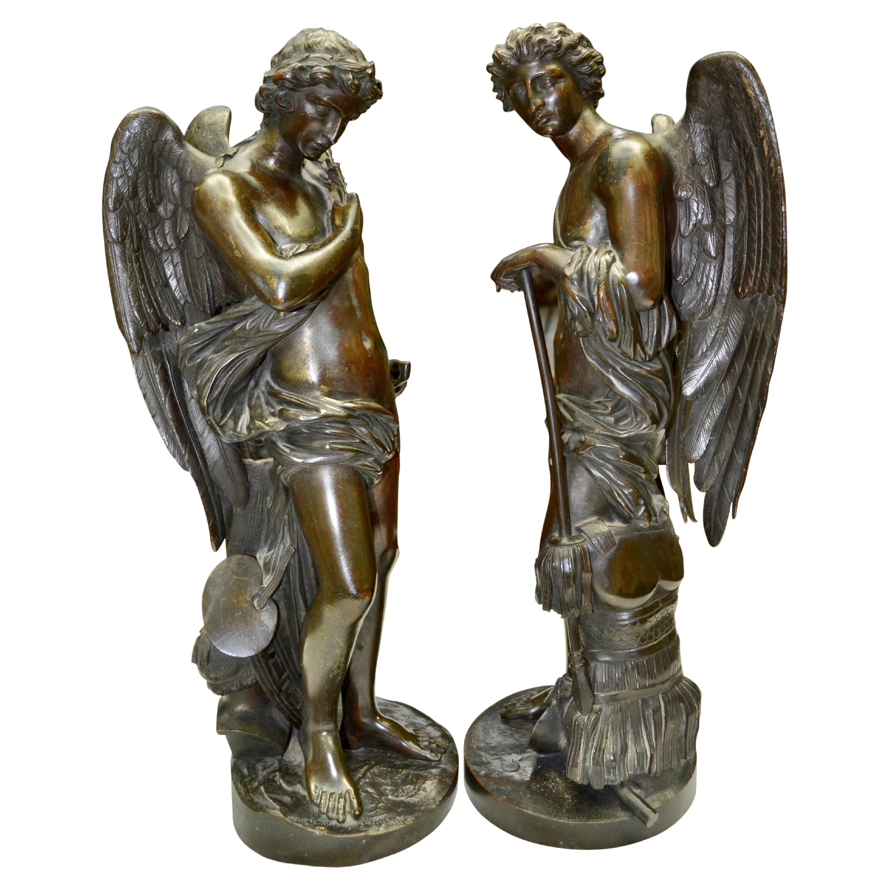 Pair of Patinated Bronze Winged  Figural Male Classical Greek Statues