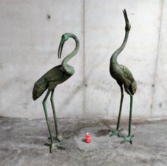 Pair of Patinated Bronze Xxl Crane Bird Statues, 1970s
