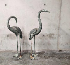 Pair of Patinated Bronze Extra Large Crane Bird Statues, 1970s
