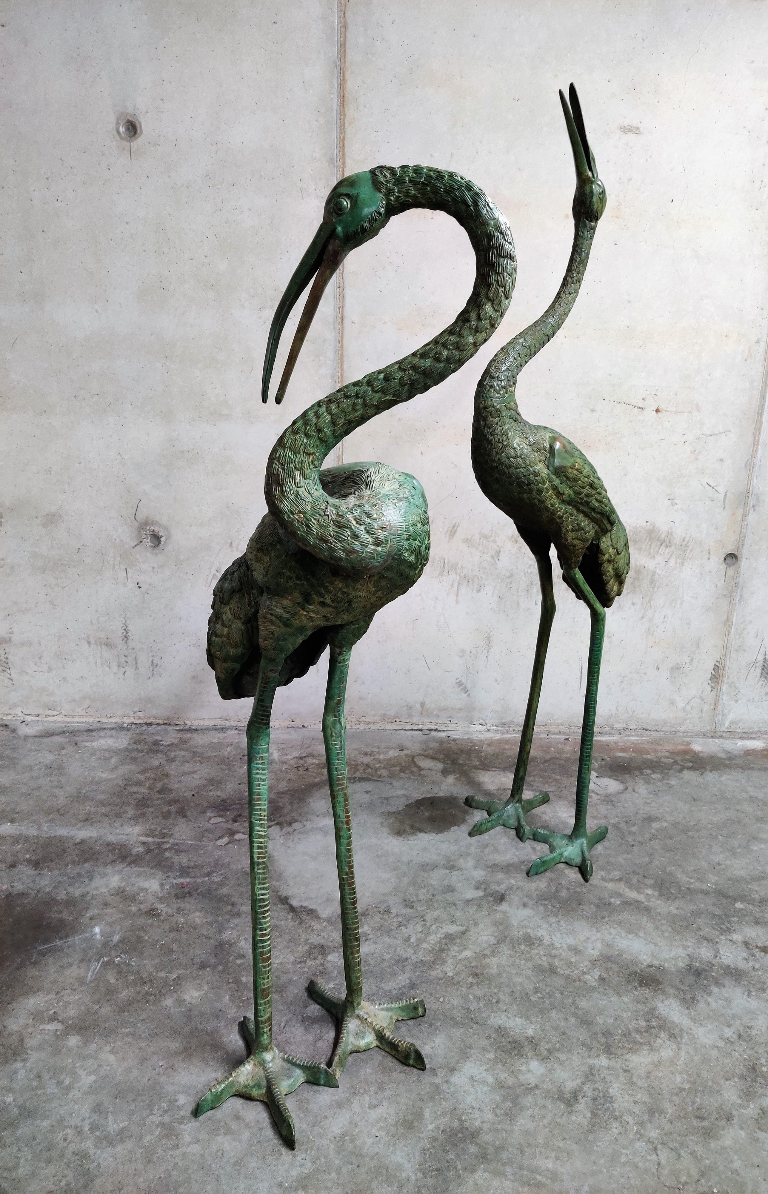 Pair of Patinated Bronze Xxl Crane Bird Statues, 1970s In Good Condition In HEVERLEE, BE