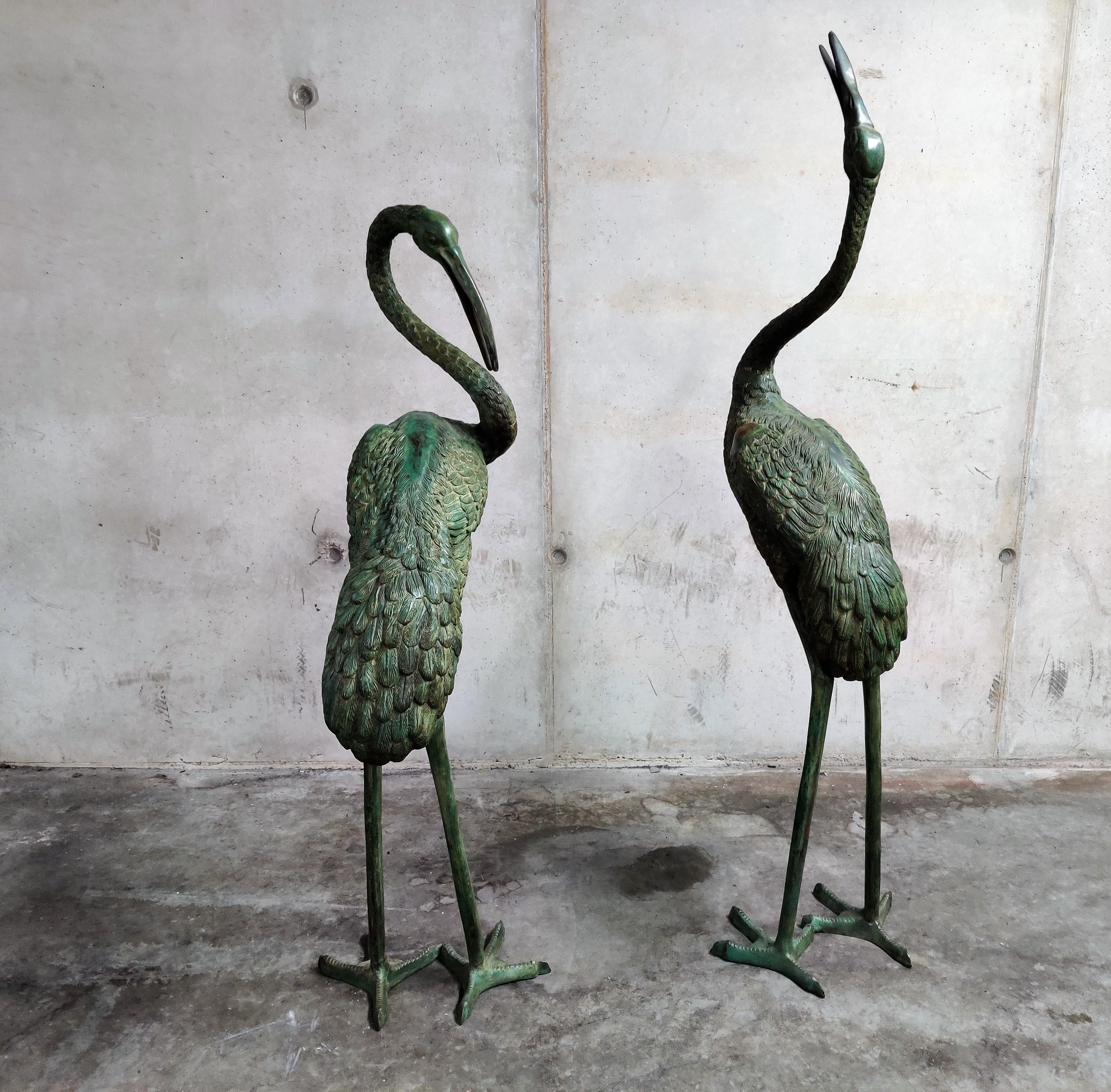 Late 20th Century Pair of Patinated Bronze Xxl Crane Bird Statues, 1970s