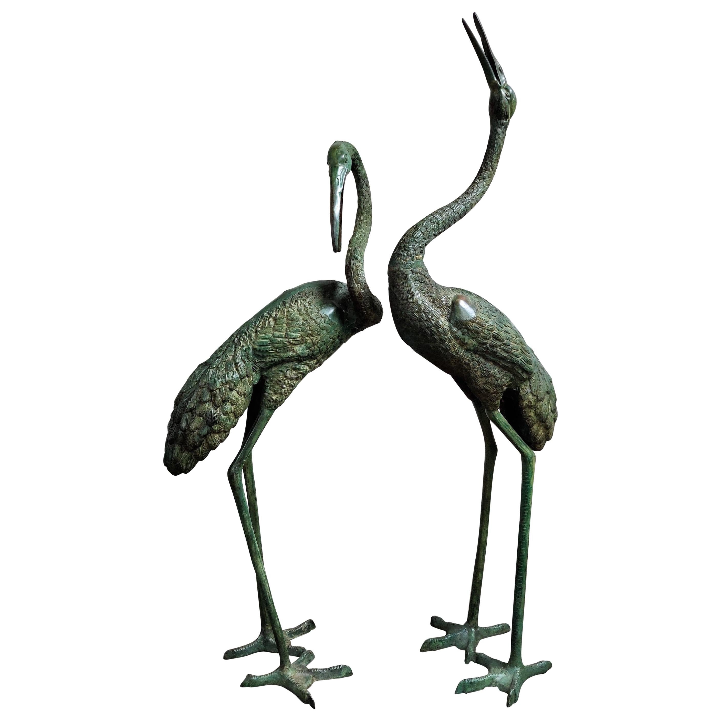 Pair of Patinated Bronze Xxl Crane Bird Statues, 1970s