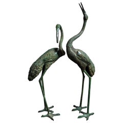 Vintage Pair of Patinated Bronze Xxl Crane Bird Statues, 1970s