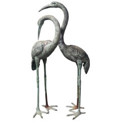 Vintage Pair of Patinated Bronze Extra Large Crane Bird Statues, 1970s