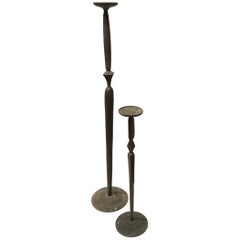 Pair of Patinated Cast Bronze Giacometti Style Tall and Short Candleholders
