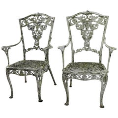 Vintage Pair of Patinated Cast Metal Garden Chairs