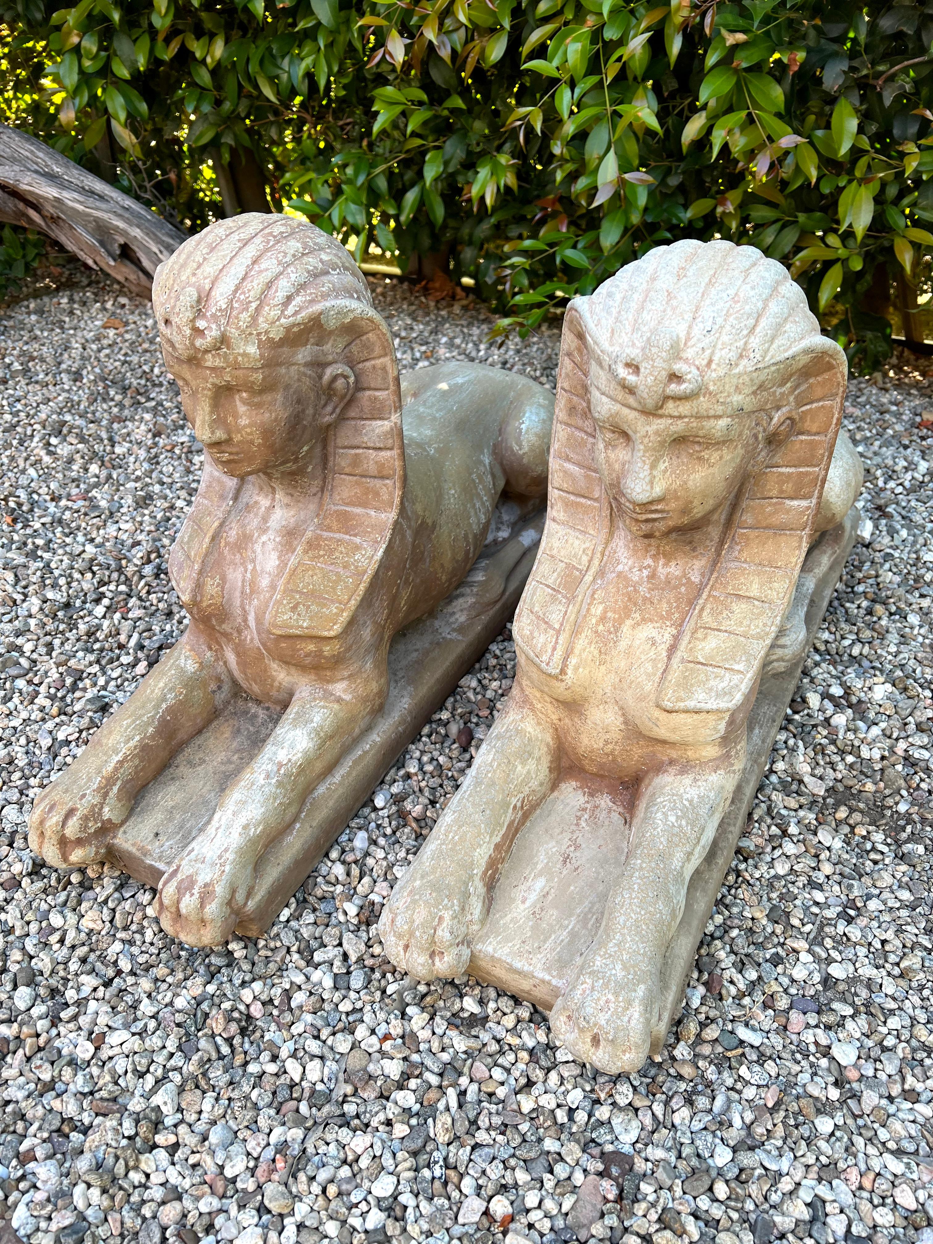 Pair of Patinated Cast Stone Sphinx Garden Sculptures 5