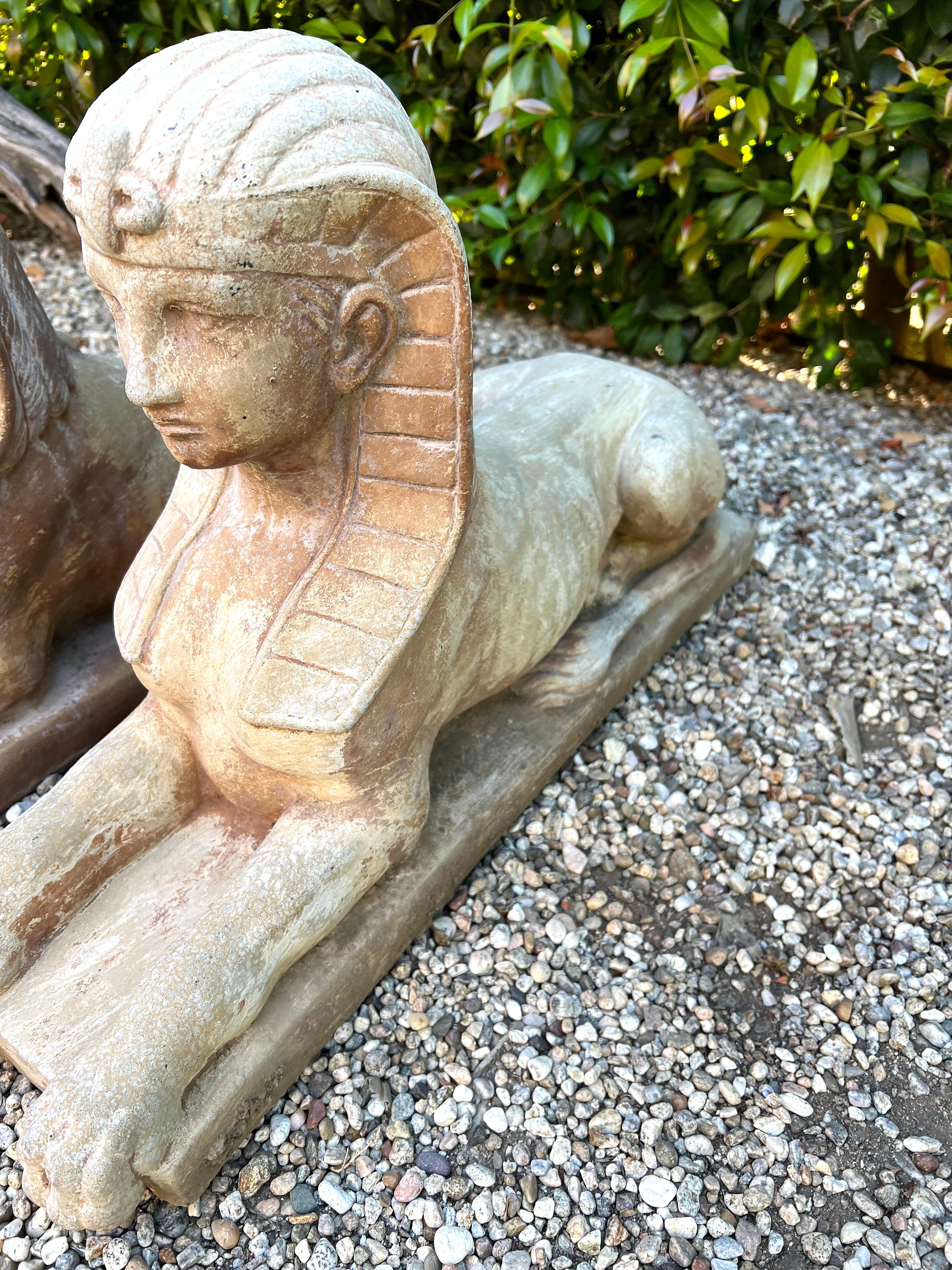 Pair of Patinated Cast Stone Sphinx Garden Sculptures 6