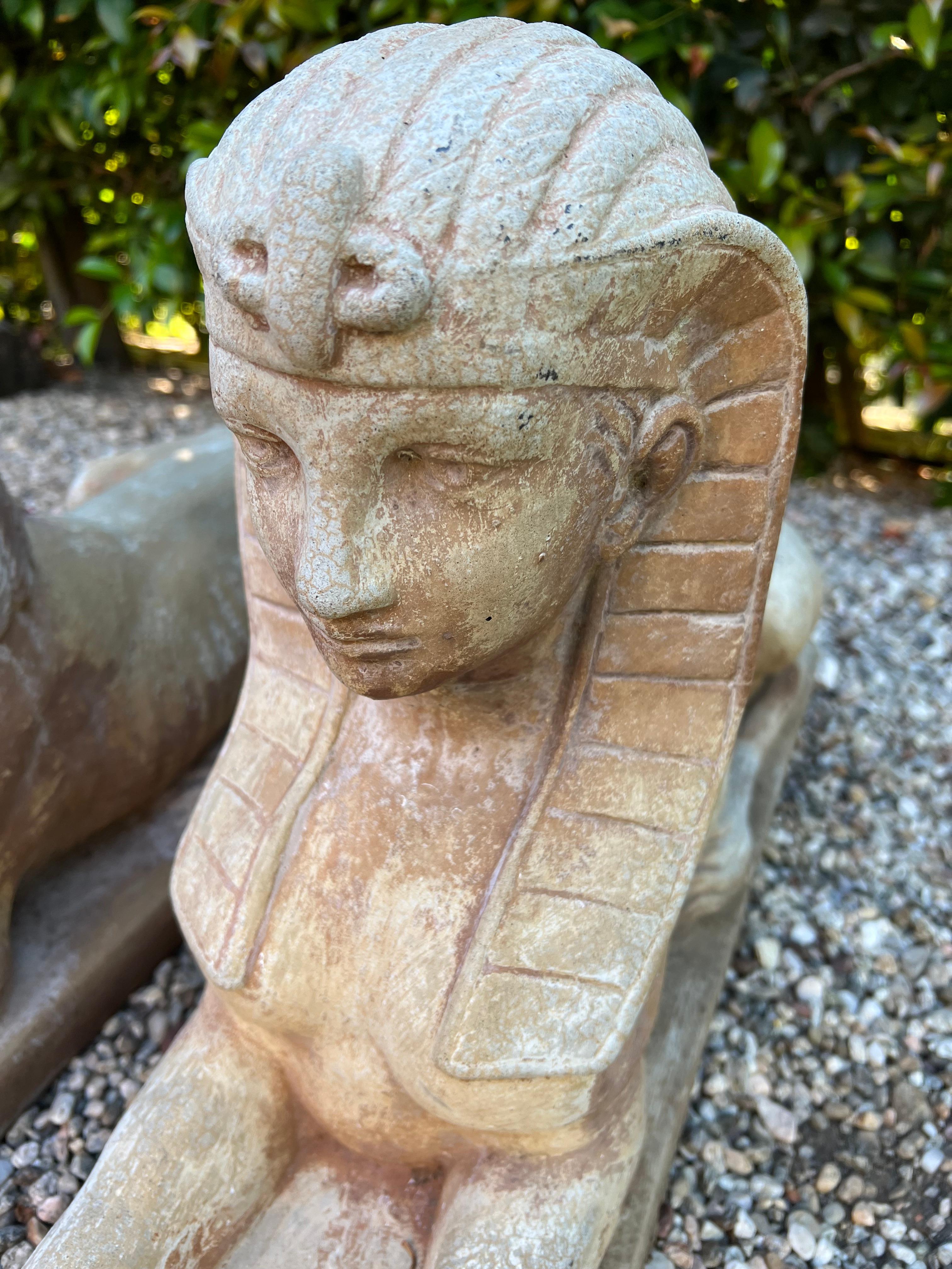 Pair of Patinated Cast Stone Sphinx Garden Sculptures 7