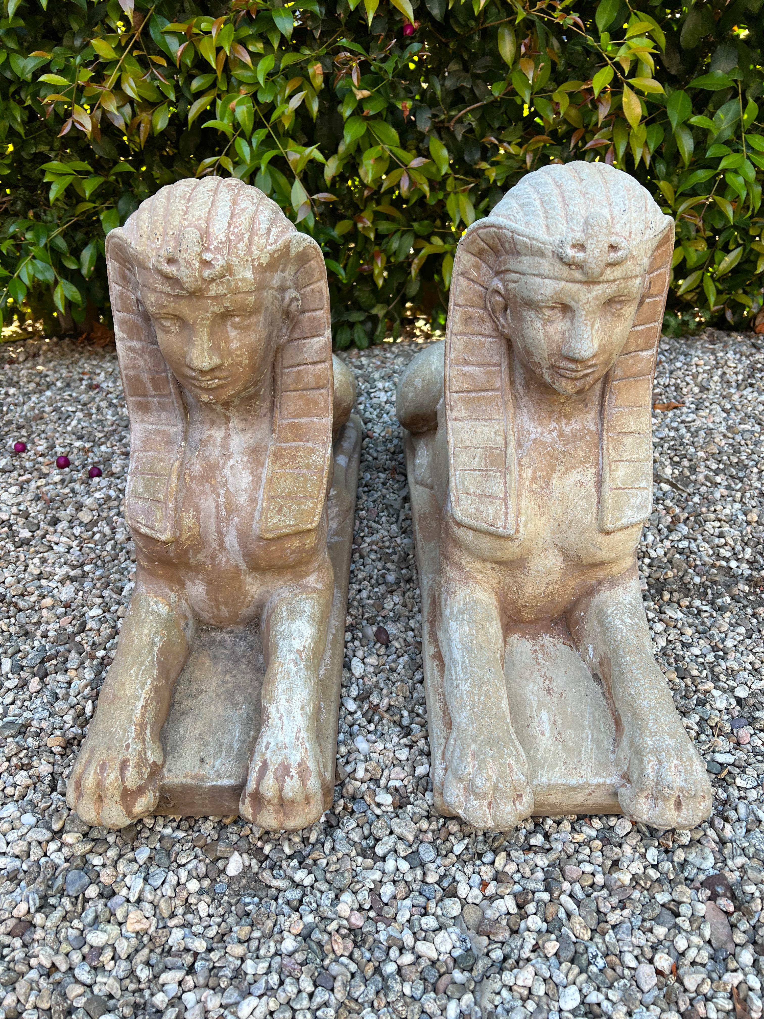Pair of Patinated Cast Stone Sphinx Garden Sculptures 8