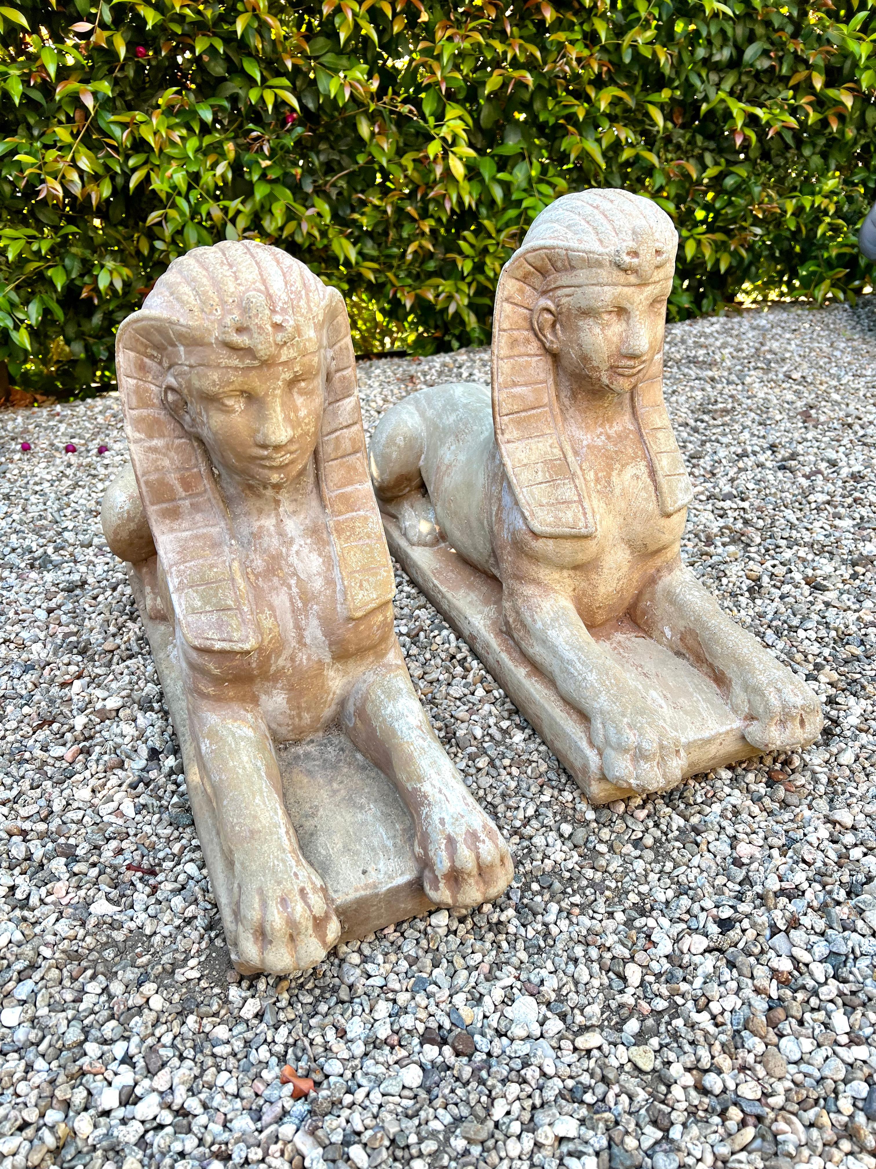 Pair of Patinated Cast Stone Sphinx Garden Sculptures 1