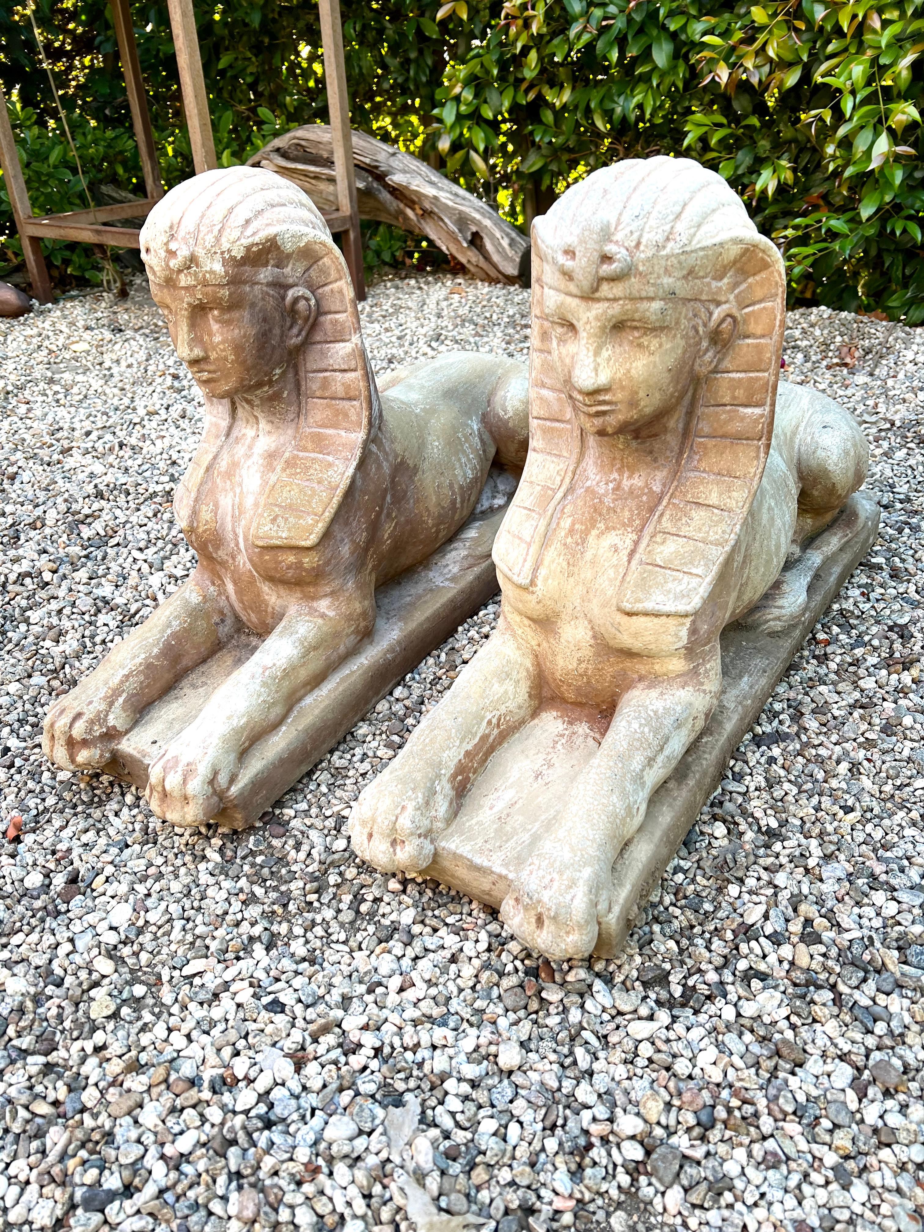 Pair of Patinated Cast Stone Sphinx Garden Sculptures 2