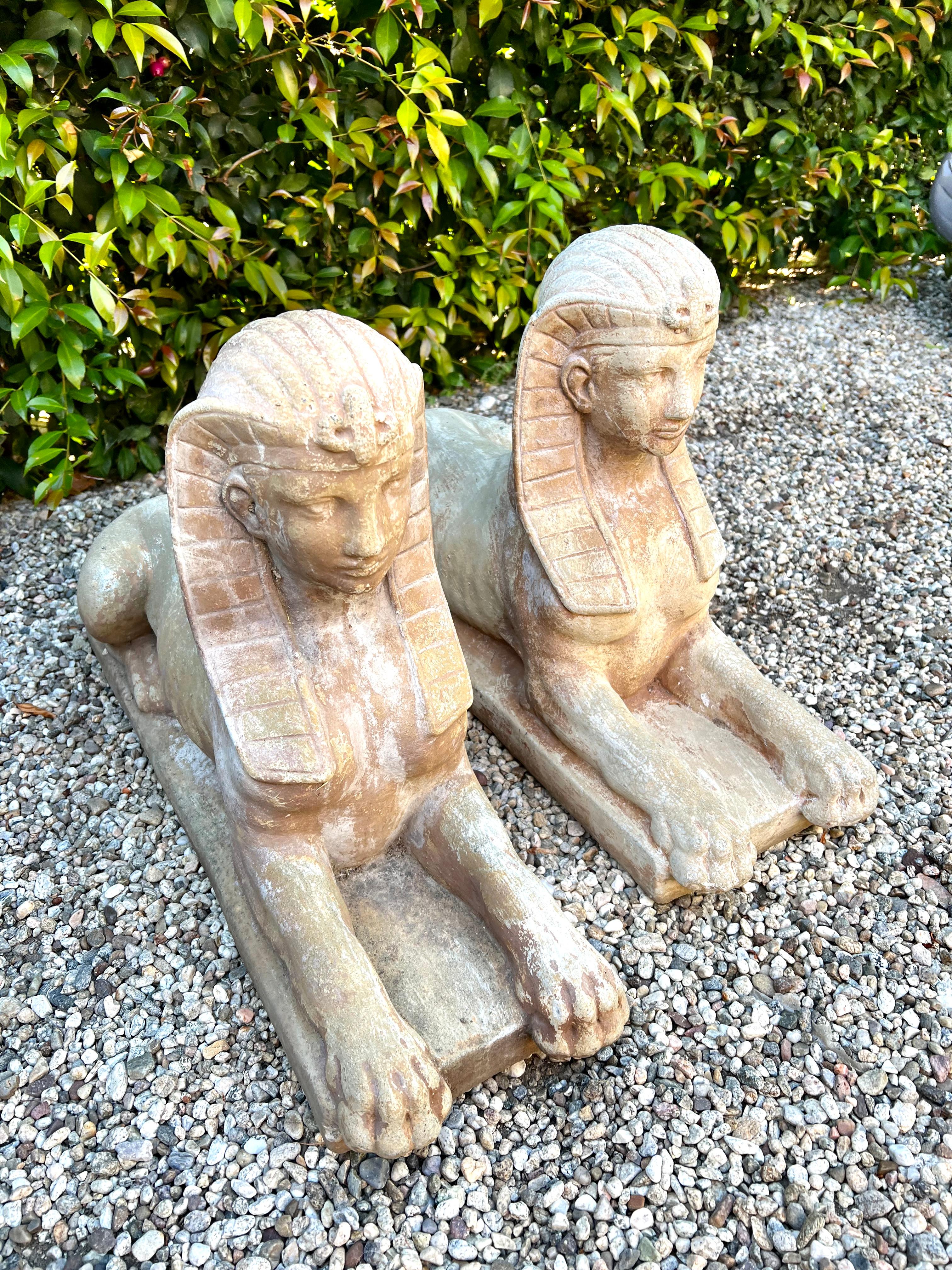 Pair of Patinated Cast Stone Sphinx Garden Sculptures 3