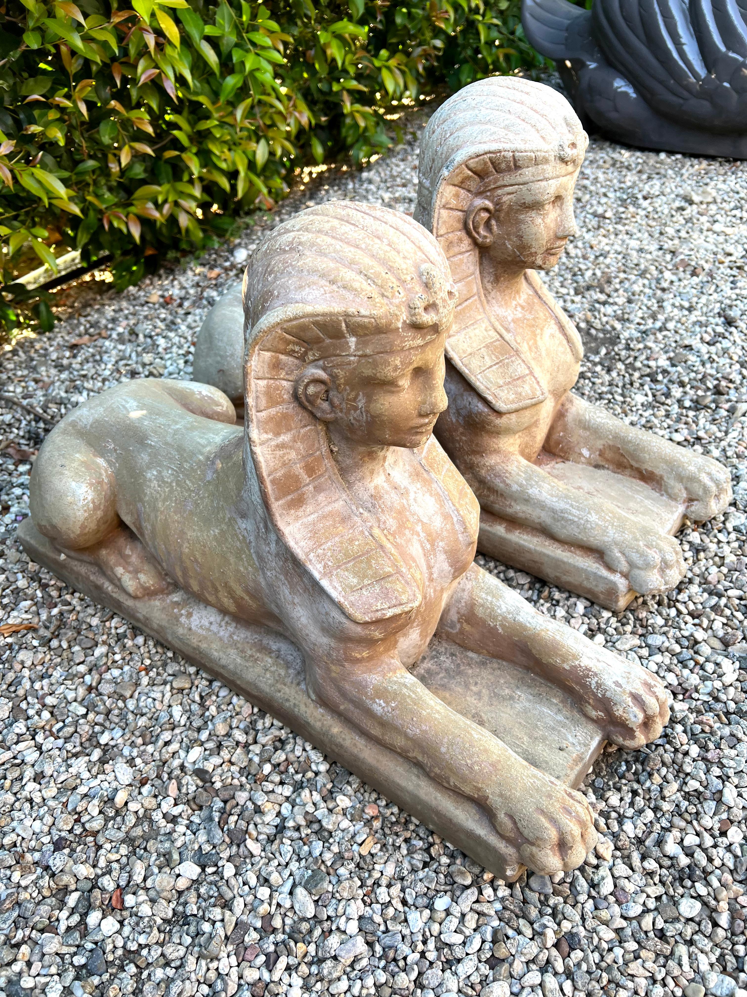 Pair of Patinated Cast Stone Sphinx Garden Sculptures 4